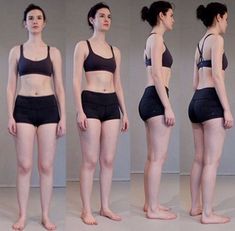 four different images of a woman in black shorts and bra top, all showing the same amount of her body