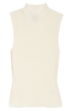 Streamline your look in this tank top styled with contrast ribbing that hugs your silhouette and finished with an elegant mock neck. 21" length (size Medium) Mock neck 52% acrylic, 28% polyester, 20% nylon Dry clean or hand wash, dry flat Imported Spring White Mock Neck Top For Layering, White Crew Neck Tank Top With Ribbed Neckline, White Tank Top With Ribbed Crew Neck, Chic White Tank Top With Ribbed Neckline, Elegant Sleeveless Mock Neck Top For Spring, Elegant High Neck Tank Top For Spring, Chic Stretch White Mock Neck Top, Chic White Stretch Mock Neck Top, Fitted Beige Crew Neck Tank Top