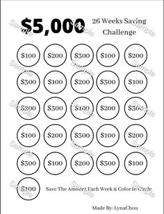 the $ 10 00 week savings worksheet is shown in black and white, with numbers