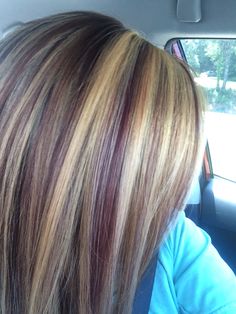 Pinwheel Technique Hair Color, Blonde And Red Chunky Highlights, Red And Pink Chunky Highlights, Blonde Peaks Boo Highlights, Pinwheel Highlights Technique, Pinwheel Hair Color, Highlighted Hair, Angled Bob Hairstyles, Color Highlights