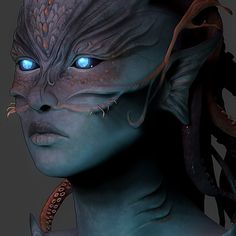 an alien woman with blue eyes and horns