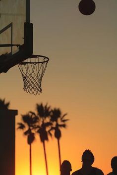 silhouettes of people playing basketball at sunset