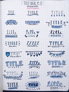 a notebook with some type of lettering on the page and it's cover in blue ink