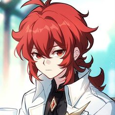 an anime character with red hair and white coat holding a cell phone in his hand