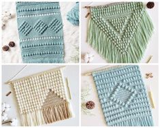 four pictures showing how to make a crocheted wall hanging