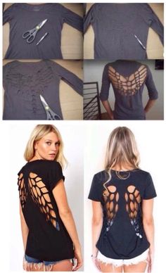 'Amazing Cut Out T-shirt - DIY...!' (via AllDayChic) How To Cut Clothes For Beginners, Tshirt Redesign, Diy Cut Shirts Step By Step, Cut Up T Shirt Diy, Clothing Modifications, Diy Cutout Shirt, Shirt Weaving, Choir Shirts