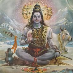 an image of hindu god sitting on the ground with two cows in front of him