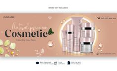 an advertisement for cosmetic products with flowers and drops on the side, in front of a pink background