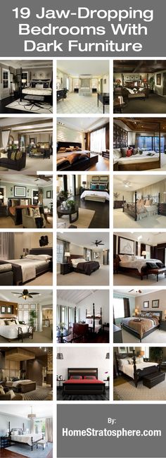 there are many different types of furniture in this photo collage with the words, 19 javo - dropping bedroms with dark furniture