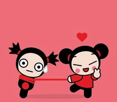 two cartoon characters are facing each other on a pink background with heart shaped balloons in the air