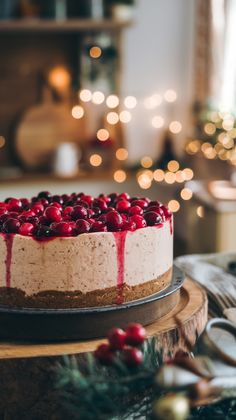 a cheesecake with cranberries on top is sitting on a table next to christmas decorations