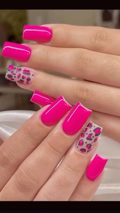 leopard print hot pink black square  short medium nails Plain Hot Pink Nails, Short Medium Nails, Cute Square Nails, Hot Pink Print, Future Nails, Animal Print Nails Art, Medium Nails, Hot Pink Nails, Basic Nails