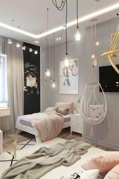 a bedroom with two beds and hanging lights