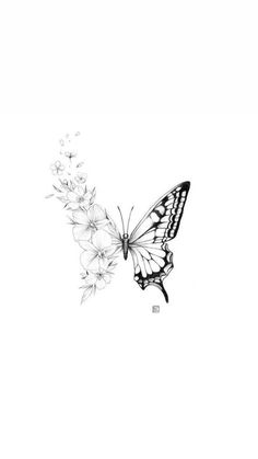 a black and white photo of a butterfly flying over some flowers on a white background