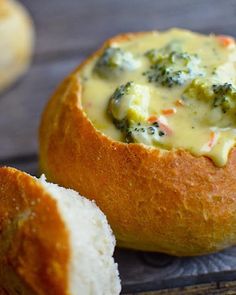 broccoli and cheese soup in a bread bowl