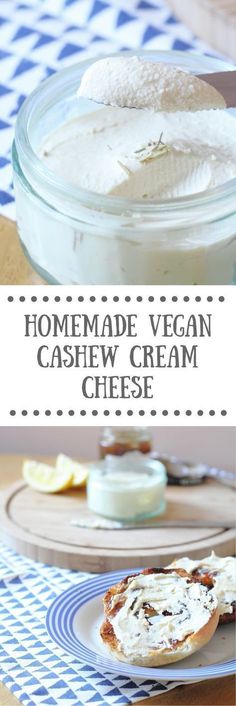 homemade vegan cashew cream cheese in a glass jar on a blue and white checkered tablecloth