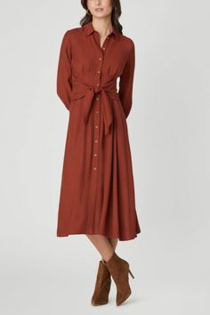 Chic twill crepe button down midi shirtdress. This style features a collared neckline, ¾ length fitted cuffed sleeves, a button down front placket, and a tie waist belt attached at the sides. The waist has pintucked details for a flattering fit. Unlined. Button front closure. 75% Rayon, 25% Viscose. Dry clean. Color: Amber Twill Dress, Shirtdress, Top Sales, Cuff Sleeves, Waist Belt, Day Dresses, A Button, Evening Dresses, Amber