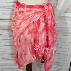 Lightweight Pattern Scarf, Sarong, Or Swimsuit Cover-Up, Knotted Fringe Edge Detail, 100% Viscose, Made In The Usa, Cream/Strawberry Tie-Dye Color Pink Sarong For Festival, Pink Festival Sarong, Red Bohemian Sarong For Festivals, Red Cotton Summer Sarong, Red Bohemian Cotton Sarong, Knotted Fringe, Tie Dye Scarves, Pattern Scarf, Tie Dye Colors