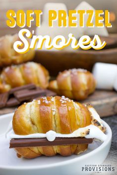 soft pretzel s'mores on a plate with marshmallows