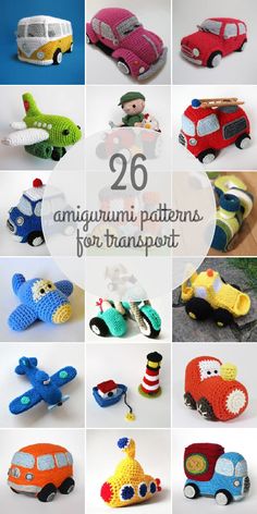 there are many different toy cars and trucks in this collage with the words, 20 amigurmi patterns for transport