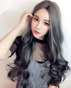 Harajuku Pastel Gray Long Wavy Wig Cosplay Wigs Medium Long Curly Hair, Pear Flower, Long Wavy Wig, Full Wig, Full Wigs