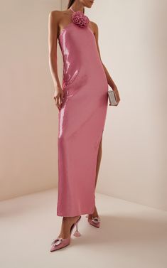 Floral-Appliquéd Sequined Halter Gown By Rodarte | Moda Operandi Sparkly Pink Dress, Cny 2024, Oscar Gowns, Runway Moments, Partywear Dresses, Strappy Pumps, Halter Gown, Plain Dress, Column Gown