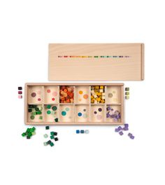 a wooden box filled with lots of different colored beads