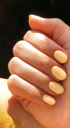 Yellow Aesthetic Nails Short, Light Yellow Gel Nails Short, Yellow Oval Acrylic Nails, Short Nails Yellow Pastel, Honey Yellow Nails, Round Yellow Nails, Light Yellow Short Nails, Pale Yellow Gel Nails, Solid Yellow Nails