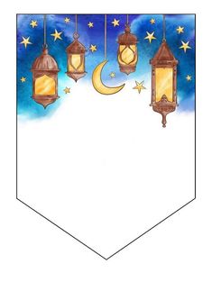 three hanging lanterns with the moon and stars in the sky above them on a white background