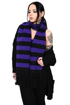 Soft black and white scarf with fringe ends. Black White Outfit, Long Silk Scarf, Scarf With Fringe, Striped Scarf, Paisley Scarves, Purple Scarves, Striped Scarves, Black Scarf, Soft Purple