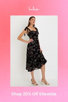 Standout from the rest with your charming presence in the Lulus Sweetest Era Black Floral Velvet Burnout Tie-Strap Midi Dress! Soft velvet, with a sweet burnout floral motif throughout, shapes this darling dress that falls from tying straps into a ruffled, sweetheart neckline and a fitted bodice with seamed cups. High, fitted waist sits atop a flowy A-line skirt that falls to a tiered, midi hem. Smocking and hidden zipper/clasp at back. Fit: This garment fits true to size. Length: Mid-calf lengt Cocktail Dress With Straps, Midi Length, Cocktail Dress With Straps Midi Length, Elegant Dress With Ruffled Straps, Elegant Strap Dress For Brunch, Elegant Brunch Dress With Straps, Party Midi Dress With Adjustable Ruffled Straps, Feminine Dress With Bow Straps For Date Night, Elegant Midi Dress With Bow Straps For Brunch, Black Sleeveless Dress With Bow Straps