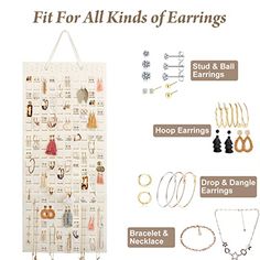 a poster with lots of jewelry hanging from it's sides and the words fit for all kinds of earrings