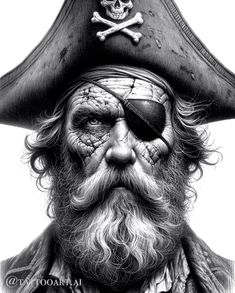 a black and white drawing of a man with a pirate's eye patch on