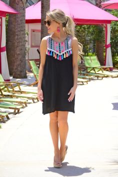 Color Crazy Tassel Dress, Black :: SALE :: The Blue Door Boutique Black Summer Dress With Beaded Fringe, Black Beaded Fringe Summer Dress, Black Beaded Fringe Dress For Summer, Cotton Beach Dress With Tassel Ties, Casual Cotton Fringe Dress, Summer Cotton Dress With Tassels, Beach Cotton Dress With Tassels, Cotton Fringe Dress For Vacation, Cute Beach Outfits