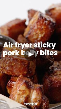 there is a plate full of fried meats with the words, air fryer sticky pork to dry bites