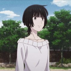 an anime character with black hair standing in front of some trees and grass, looking at the camera