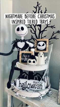 a shelf with halloween decorations on it and the words nightmares before christmas inspired tiered trays