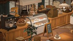 an artist's rendering of a bakery with pastries on display