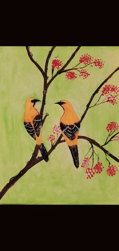 two birds are perched on a branch with red flowers