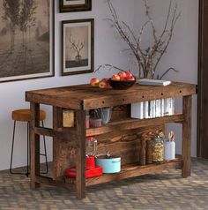 a wooden table topped with books and fruit