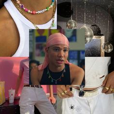 a collage of photos with various items including necklaces