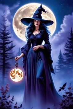 a woman dressed as a witch holding a pumpkin in front of a full moon sky