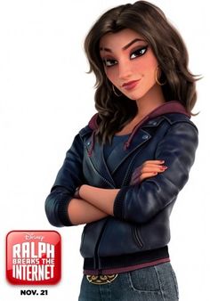 an animated character with her arms crossed, wearing a leather jacket and denim jeans in front of a white background