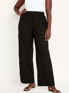 High-Waisted Linen-Blend Wide-Leg Pants | Old Navy Relaxed Fit Wide Leg Pants With Pull-on Style, Baggy Bottoms With Elastic Waistband For Everyday, Relaxed Fit Pull-on Wide-leg Pants, Relaxed Fit Wide-leg Pull-on Pants, Relaxed Fit Wide-leg Pull-on Bottoms, Baggy High-waisted Pants With Elastic Waistband, Relaxed Fit Ankle-length Pull-on Pants, Comfortable Bottoms With Elastic Waistband, Elevated Casual Relaxed Fit Wide Leg Bottoms