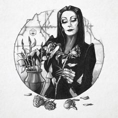 a black and white drawing of a woman holding a rose