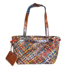 A spacious bag right-sized to hold the essentials for the day. Woven leather in colorful strips adds style and textural interest, but it doesn't stop there: This bag is hard-working and versatile, from the spacious main compartment (partial zip closure) with two pockets (cell phone and accessories) to its dual flat handles and detachable adjustable shoulder strap (30-52"). Fully lined. Bonus zippered coin purse included. 14"w x 11"h x 6"d. Imported. Specify Red or Multi. Multicolor Everyday Bag With Zipper Closure, Everyday Multicolor Bag With Zipper Closure, Multicolor Satchel With Zipper Closure For Daily Use, Multicolor Satchel With Zipper For Daily Use, Multicolor Double Handle Bag With Zipper Closure, Modern Multicolor Bag With Zipper Closure, Modern Multicolor Bags With Zipper Closure, Multicolor Leather Satchel Bucket Bag, Multicolor Satchel-shaped Bucket Bag