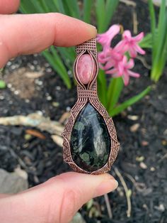 This beautiful pendant is handmade out of copper wire and a breathtaking Kombaba Jasper stone and a beautiful Pink Rhodonite stone. Every twist, bend, and weave are entirely done by hand and made with love <3 All my stones are ethically sourced, and all wire is from the United States of America Kombaba Jasper is the stone for Tranquility, Peace, and Fertility. Pink Rhodonite is the stone for Balance, Grounding, and Unconditional Love Jewelry Care: Treat crystal jewelry with care, to keep it from Silver Wire Jewelry, Wire Jewerly, Pink Rhodonite, Love Jewelry, Wire Wrapping Crystals, Handmade Wire Wrapped, Wire Weaving, Jasper Pendant, Wrapped Jewelry