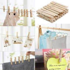 several pictures of clothes hanging on clothes pins