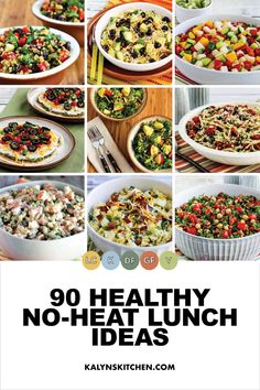 a collage of healthy no - heat lunch ideas including salads and side dishes