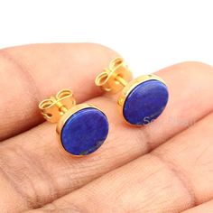 Lapis Lazuli Stud Earrings, 925 Sterling Silver Gold Plated Earrings, Round Flat Gemstone Stud Earrings, Engagement Gifted Stud Earrings Description : Metal : 925 Solid Sterling Silver Type : Stud Earrings Stone : Lapis Lazuli Size : 9mm Shape : Round Circle Shape * We accept wholesale orders. * We cut gemstones in all sizes and shapes * We are a manufacturer of all kinds of loose gemstones. * please get in touch with us for other customized sizes and shapes. Customization:- We accept customizat Earrings Stone, Earrings Round, Gemstone Stud Earrings, Round Circle, Gemstone Studs, Circle Shape, Gold Plated Earrings, Stone Earrings, Engagement Gifts